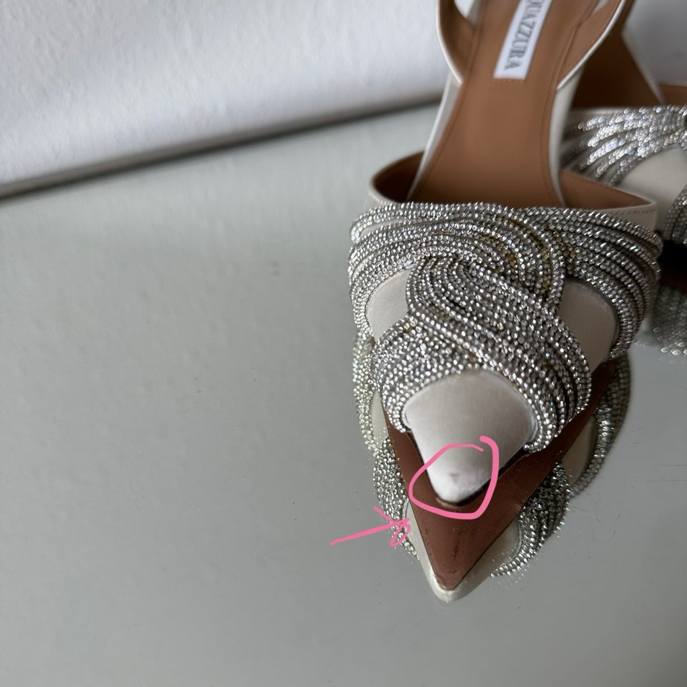 Worn once AQUAZZURA Gatsby 75 crystal-embellished satin slingback pumps - Picture 12 of 16